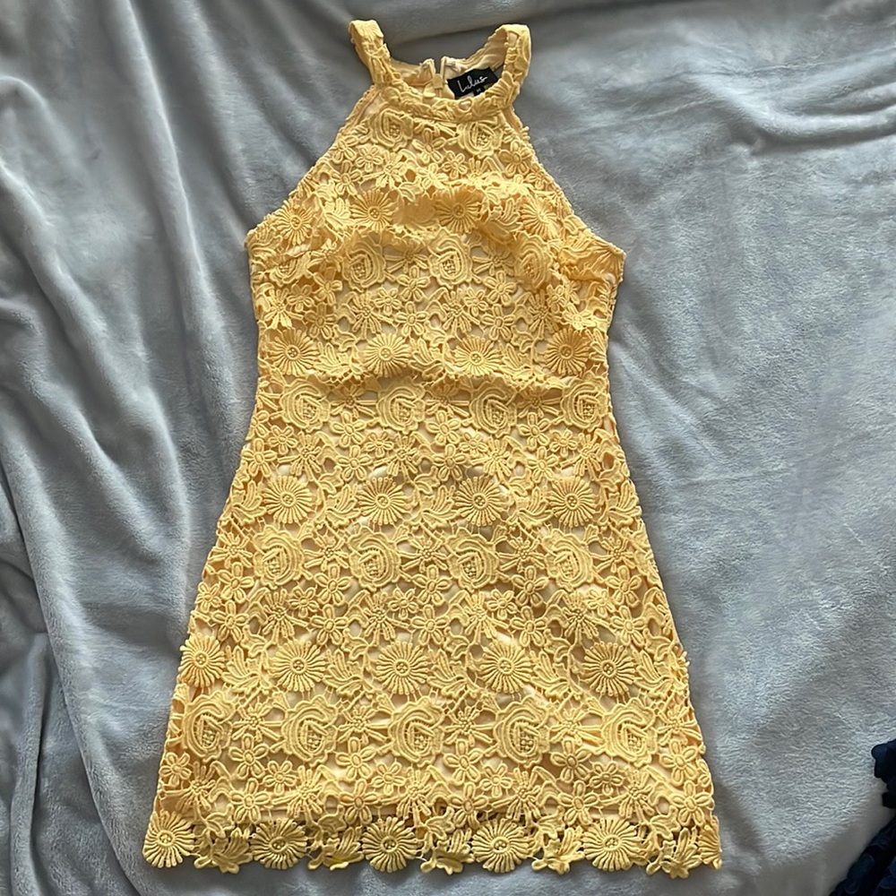 Lulus Love Poem Yellow Lace Mini Dress